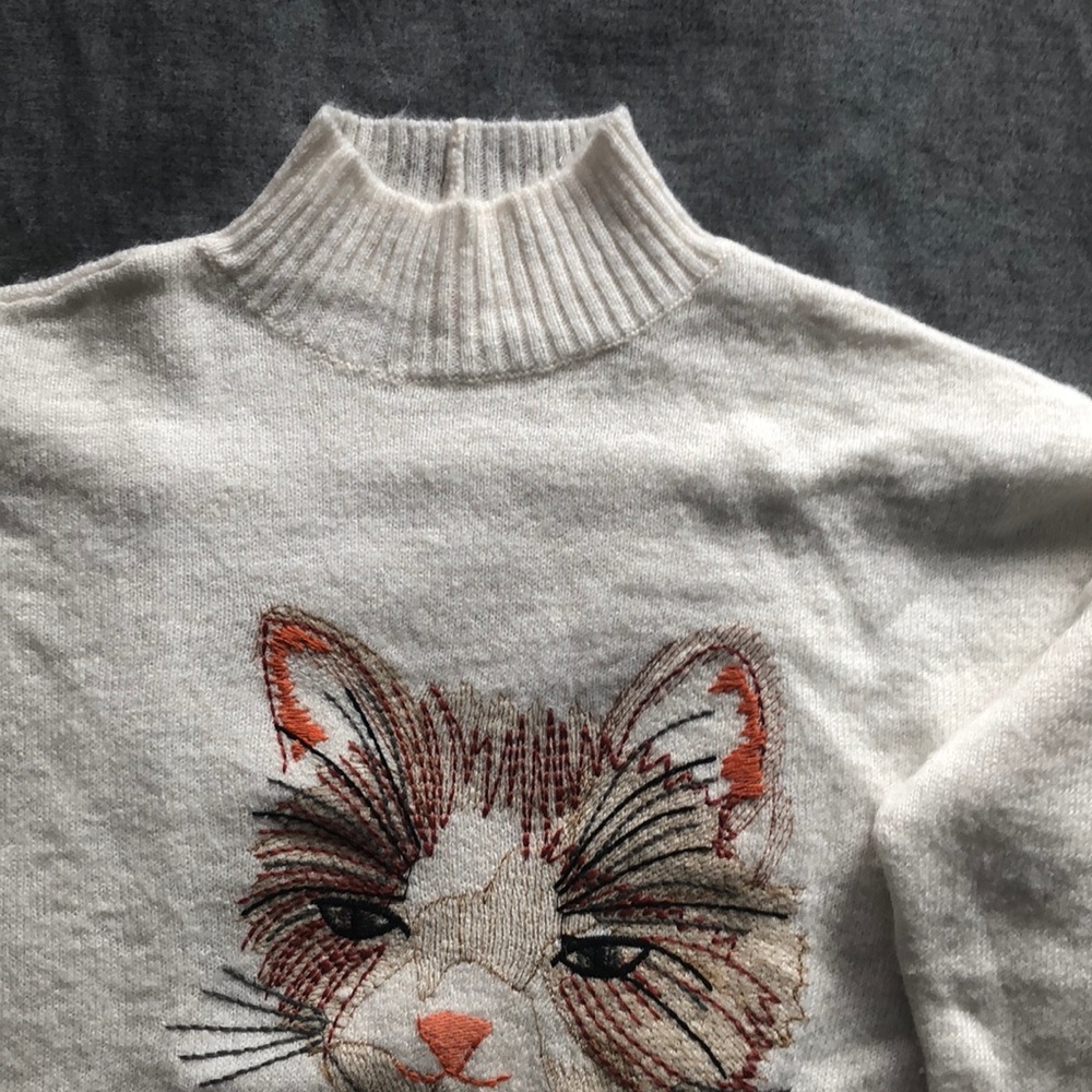 Anthropologie Cream Sweater with Cat Face Embroidery - Picture 6 of 8